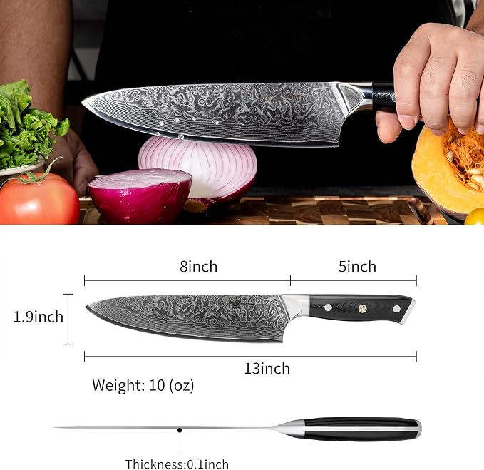 Chef Knife 8 Inch Japanese Steel Damascus Kitchen Knife, VG-10 Damascus Super Steel Kitchen Knife,Ultra Sharp Professional Cooking Knife with Ergonomic G10 Handle,Including Luxury Gift Box