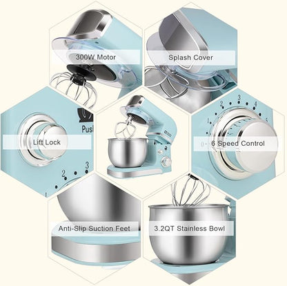 Kitchen in the box Stand Mixer,3.2Qt Small Electric Food Mixer,6 Speeds Portable Lightweight Kitchen Mixer for Daily Use with Egg Whisk,Dough Hook,Flat Beater
