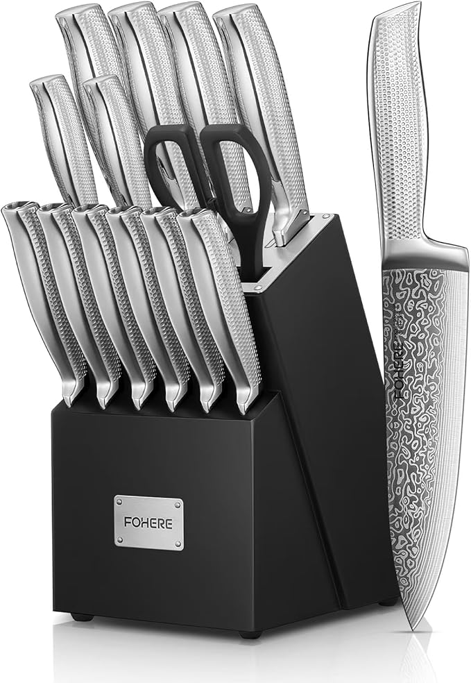 Knife Set, FOHERE 14 Pieces Kitchen Knife Set with Built-in 5 x Sharpeners, Waved Texture Knife Set with Block, Stainless Steel Knife Block Set, Sharp Knives Set with Ergonomic Handle