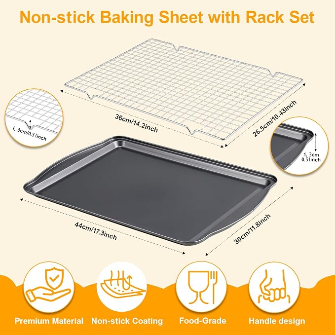 Baking Sheet with Cooling Rack Set,Carbon Steel Cookie Sheets with Rack for Baking Roasting,Nonstick Baking Pans, 17 x 11 x 0.5 Inches (2 Set)