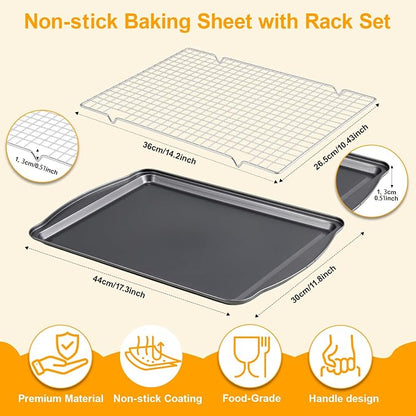 Baking Sheet with Cooling Rack Set,Carbon Steel Cookie Sheets with Rack for Baking Roasting,Nonstick Baking Pans, 17 x 11 x 0.5 Inches (2 Set)