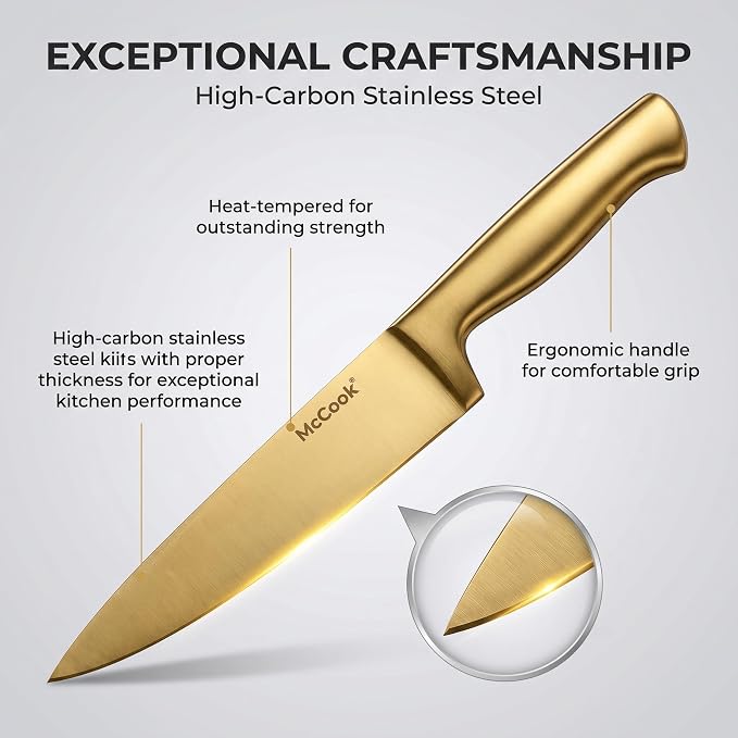 McCook® Knife Sets, Golden Titanium Stainless Steel Kitchen Knife Block Sets with Built-in Sharpener,15 Piece Knives, Restaurant Grade Sharp, Elegant Gold & Stylish Wooden Block for Modern Culinary