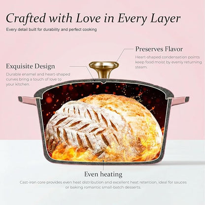 Overmont Heart-Shaped Enameled Cast Iron Dutch Oven, 2QT Pink Mini Pot with Lid for Cozy Meals, Soups & Small Batch Baking, Cute Kitchen Cookware Gift for Wedding, Housewarming & Birthday