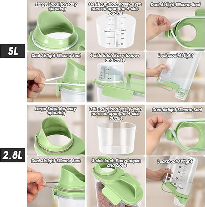 LEAWALK 5-7Lbs Dog Cat Food Storage Container with Upgraded Large Nozzle BPA-free, 4 Snap Seals Plastic Pet Food Storage Containers with Handles (Green x 2, (5L+3L) 2pack)