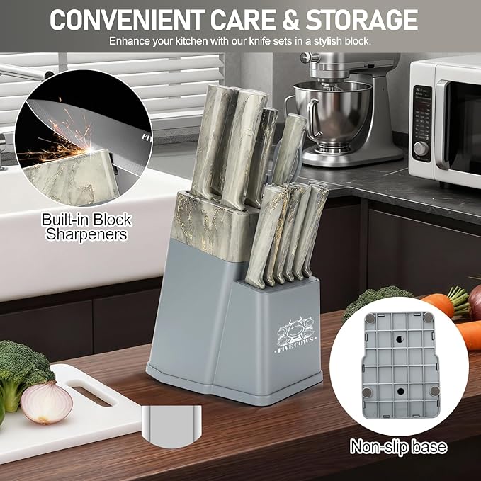 16-Piece Kitchen Knife Block Set with Cutting Board - German Stainless Steel Knives, Built-In Sharpener, Dishwasher Safe, Anti-Slip Handle - All-in-One Cutlery Set for Home/Kitchen (Blue)