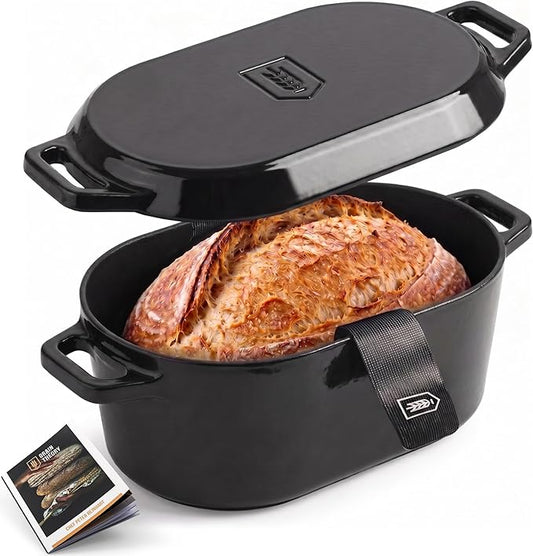 Kook Dutch Oven, For Sourdough Baking, Dual Handles, Enameled Cast Iron, includes Silicone Mat and Sourdough Guide, Dishwasher Safe, Oven safe 500F, 5 Qt, (Black)
