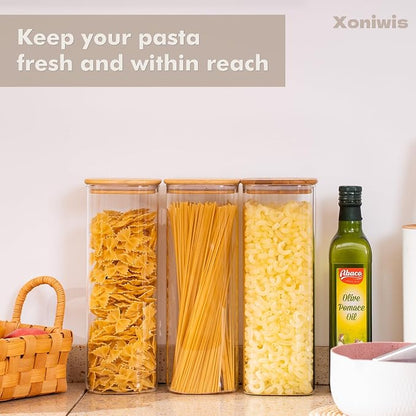3-Pack 1.8Qt Rectangle Glass Storage Jars with Bamboo Lids | Minimalist Kitchen Organizer,Scandinavian Style Storage,Nordic Style Storage,Food Storage Canister for Pasta, Penne, Macaroni