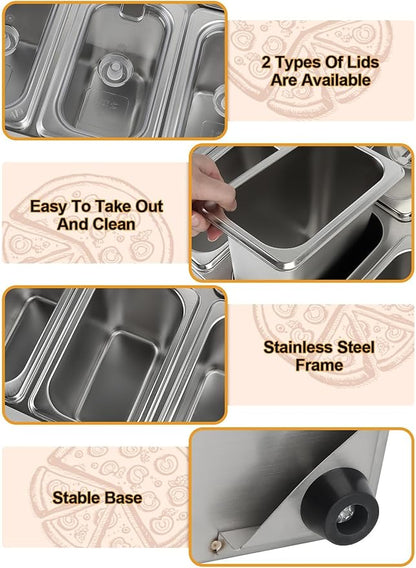 Pizza Topping Station Pizza Storage Container Topping containers with Lids Spoon Condiment Organizers Buffet Containers Set for Restaurant Pizza Sauce Jam Fruit Ingredient Pantry (8 Pans)