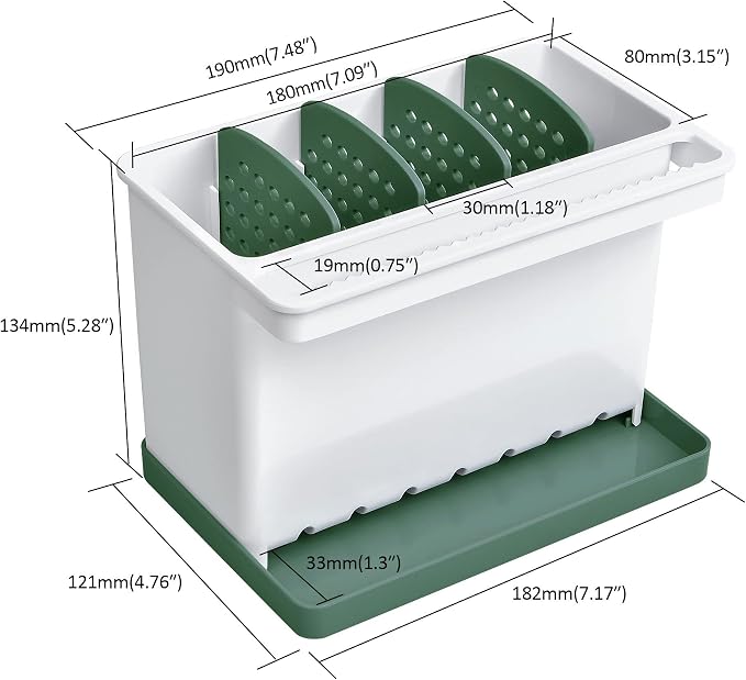 JOMOLA Kitchen Sink Organizer Dish Brush Sponge Holder Caddy Toothbrush Holders for Bathrooms Sinkware Kitchen Utensil Holder Sink Caddy Organizer with 4 Separate Dividers Removable Drain Tray (Green)