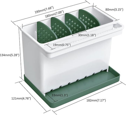 JOMOLA Kitchen Sink Organizer Dish Brush Sponge Holder Caddy Toothbrush Holders for Bathrooms Sinkware Kitchen Utensil Holder Sink Caddy Organizer with 4 Separate Dividers Removable Drain Tray (Green)