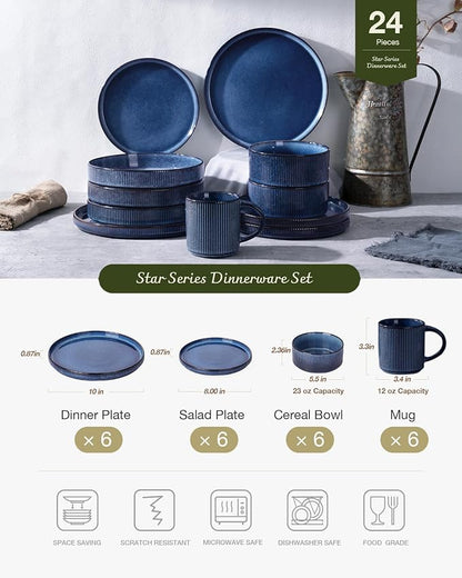 Famiware Star 24-Piece Stoneware Dinnerware Sets, Service for 6 - Reactive Glaze Mugs, Plates and Bowls, Dishes for Everyday/Formal Use, Chip/Scratch Resistant, Microwave/Dishwasher Safe, Nebulas Blue