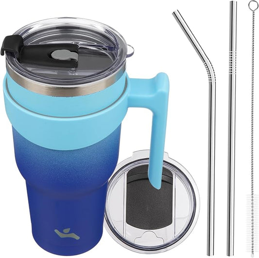 Konokyo 40 oz Tumbler with Handle and 2 Straw 2 Lid, Insulated Water Bottle Stainless Steel Vacuum Cup Reusable Travel Mug,Sky
