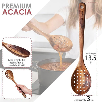 HOWHONG Slotted Spoon Wooden Cooking Utensil, Long Handle Acacia Wood Spoon for Cooking, Draining Spoon for Vegetables Pasta and Frying, Nonstick Cookware Safe, Bare Wood Feel for Daily Kitchen Use
