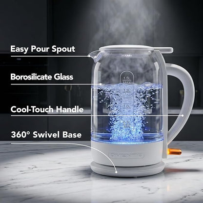 OVENTE Electric Kettle with 1.5L Borosilicate Glass, 1500W Fast Boiling Water Heater for Coffee or Tea, Easy to Fill Lid, Auto Shut-Off, Boil-Dry Protection & Stainless Steel Filter, White KG516W