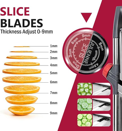 Masthome Adjustable Mandoline Slicer, Thin to 9mm Slice, 4.5mm & 9mm Julienne - Vegetable Cutter for Potato Carrot Onion - Stainless Steel - with Glove & Brush (Red)