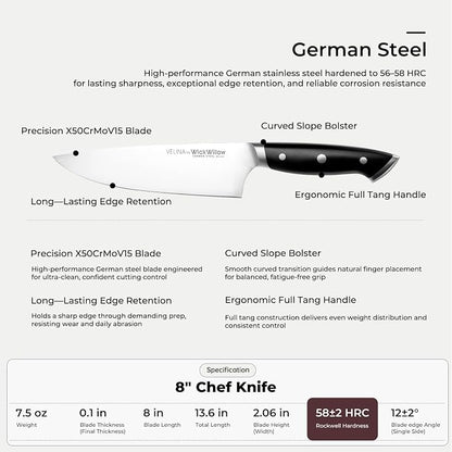 WICKWILLOW 8-Inch Chef Knife - German X50CrMoV15 Steel, Razor-Sharp All-Purpose Kitchen Knife for Everyday Cooking, Meal Prep, Meat, Vegetables & Herbs - Full Tang, Ergonomic Handle, Gift Box