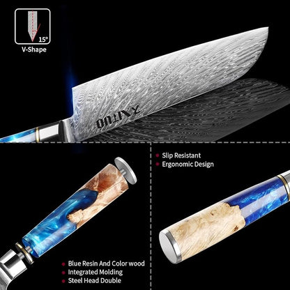 XITUO 7-Inch Santoku Knife, 67-Layer Japanese Damascus Steel Chef Knife, Ultra Sharp Kitchen Knife with Ergonomic Blue Resin & Wood Handle, Gift Box
