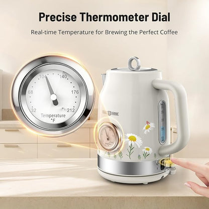 PARIS RHÔNE Retro Stainless Steel Electric Kettle, 1.7L Cordless Hot Water Tea Kettle with Thermometer, 1500W Fast Heating, LED Indicator, Auto Shut-Off & Boil Dry Protection