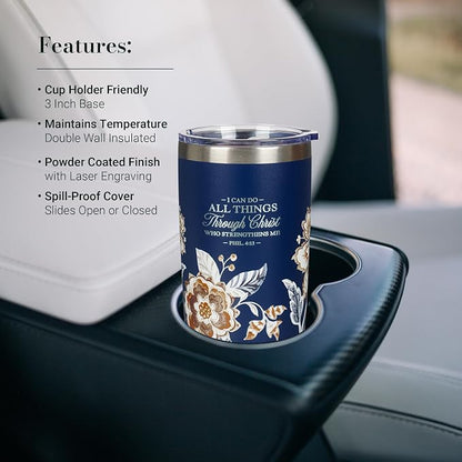 Christian Art Gifts Stainless Steel Scripture Tumbler Travel Mug for Women: All Things Through Christ Inspirational Bible Verse, Double-wall Vacuum Insulated w/Lid Hot/Cold, Navy Blue Floral, 18oz.