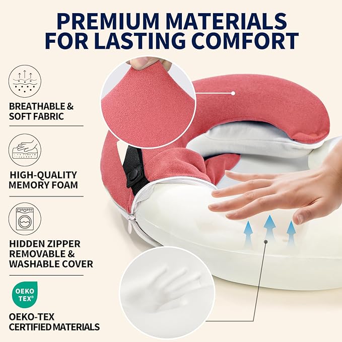 BUYUE Travel Neck Pillows for Airplanes, Memory Foam 360° Head Support Sleep for Long Flight, Skin-Friendly & Breathable, Kit with Eye Mask, Earplugs and Storage Bag (Adult, Pink, 90+ lbs)