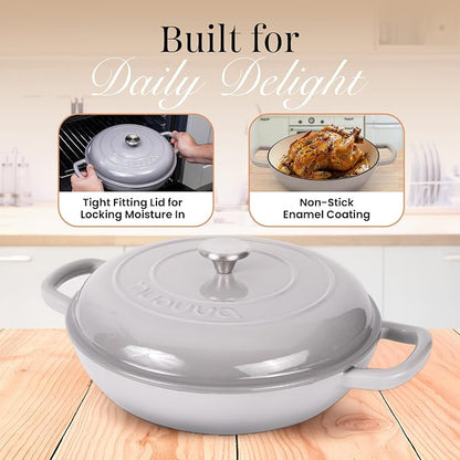 Shallow Cast Iron Casserole with Lid – Non Stick Dutch Oven Pot, Oven Safe up to 500° F – Sturdy Ovenproof Stockpot Cookware – Enamelled Cooking Pot – Grey, 3.7-Quart, 30cm – by Nuovva