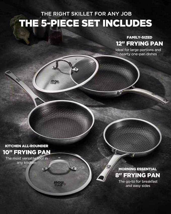 Non Stick Frying Pans, 12-inch with Lid, Nonstick Hybrid Fajita Pans, Stainless Steel Skillets, Dishwasher & Oven-Safe, PFOA Free Cookware, Induction Compatible Cooking Pan