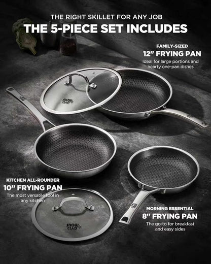 Non Stick Frying Pans, 12-inch with Lid, Nonstick Hybrid Fajita Pans, Stainless Steel Skillets, Dishwasher & Oven-Safe, PFOA Free Cookware, Induction Compatible Cooking Pan