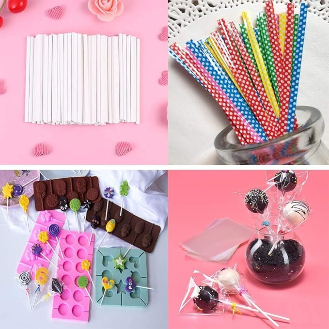 Big Size Lollipop Cake Pop Treat Bag Set Including 100pcs Parcel Bags, 100pcs Papery Treat Sticks, 100pcs Colorful Metallic Twist Ties for Making Lollipops, Cake Pops, Candies, Chocolates and Cookies