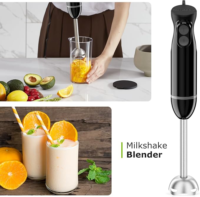 Bonsenkitchen Immersion Blender Handheld, 2 Mixing Speed Hand Blender Electric with Sharp Blades, 3-In-1 Hand Held Stick Blender with Egg Whisk, 24oz Beaker for Soups, Smoothies, Sauce
