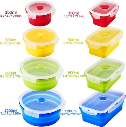 Zopeal 8 Pcs Collapsible Food Storage Containers Foldable Silicone Lunch Containers with Lids 4 Silicone Rectangle Collapsible Bowls and 4 Round Food Bowls Microwave Freezer Dishwasher Safe (Colorful)