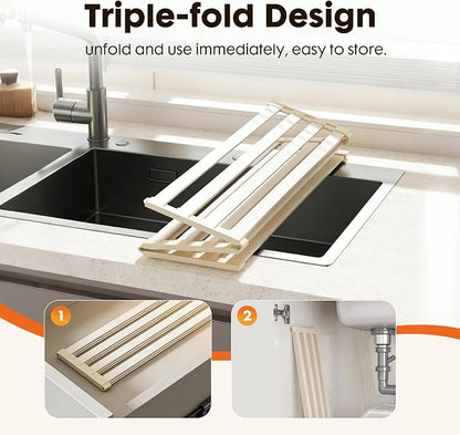 Foldable Over Sink Dish Drying Rack, Extra Wide & Thick Rust-Proof Aluminum Sink Cover for Counter Space, Collapsible Dish Drying Rack Fits Most Kitchen Sinks (White, 13.8“x13.6)