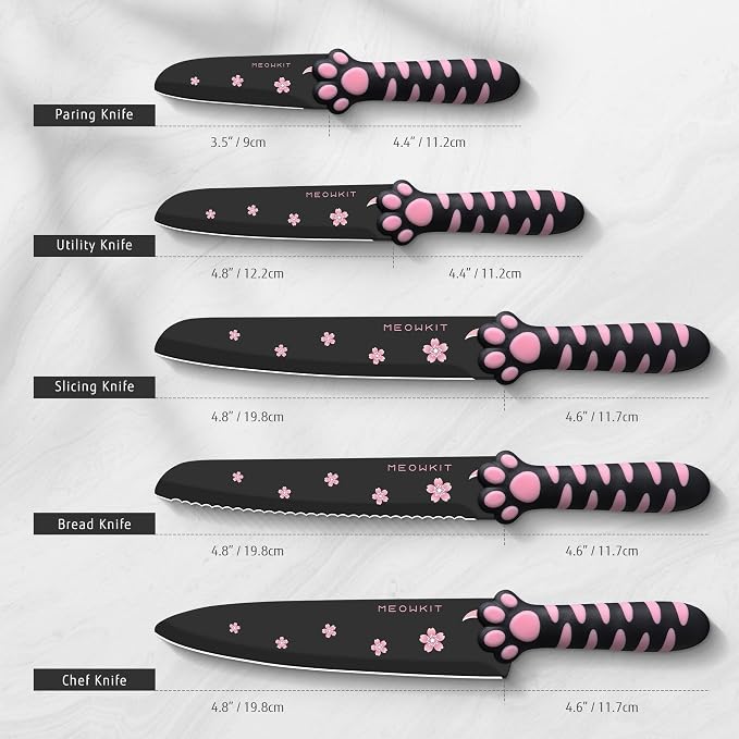 Cute Kitchen Knife Set, Dishwasher Safe, 5 pieces Non-Stick Knives,Sharp for Chopping, Slicing, Dicing and Cutting, Cat Paw Handle