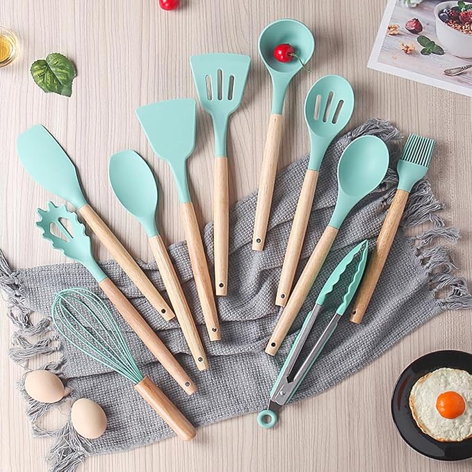 19 Pieces Kitchen Cooking Utensils and Knife Set with Holder Block, Include 11 Pcs Silicone Cooking Utensils 5 Pcs Sharp Stainless Steel Knives Scissors Whisk Tongs and Cutting Board (Deep Green)