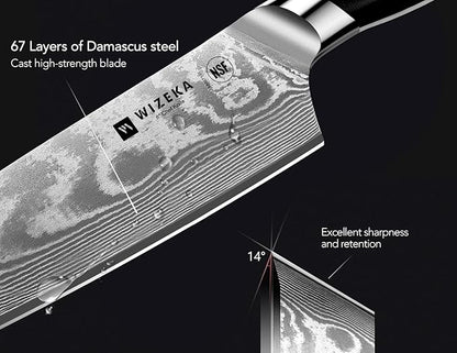 WIZEKA Damascus Chef Knife Set: 3 PCS,Super Sharp Kitchen Knives: Made of Japanese Steel VG10: Full Tang Professional Chef Knife Set With G10 Ergonomic Handle, Fathers day