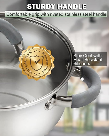Cook N Home Basics Stainless Steel Cookware Set with Glass Lids, Pots and Pans Set, Stay-Cool Silicone Handles, Induction Compatible, 6-Piece