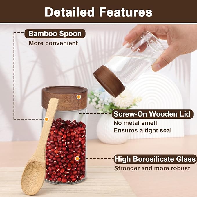 Coffee Jars Set of 2, Empty 9oz 270ml Glass Storage Jars with Airtight Wood Lids, Screw Top Kitchen Glass Container, Sugar Canister for Spice, Snacks, Loose Tea, Candy, Oats, Beans, Seasoning
