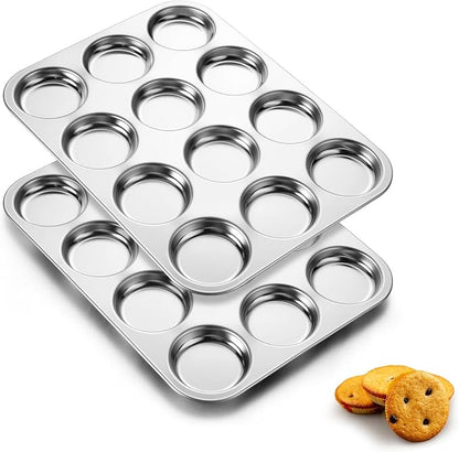 E-far Muffin Top Pan, 12-Cavity Stainless Steel Shallow Cupcake Pan for Yorkshire Pudding, Eggs, Whoopie Pie, Cornbread, Non-toxic & Dishwasher Safe - 2 Pcs