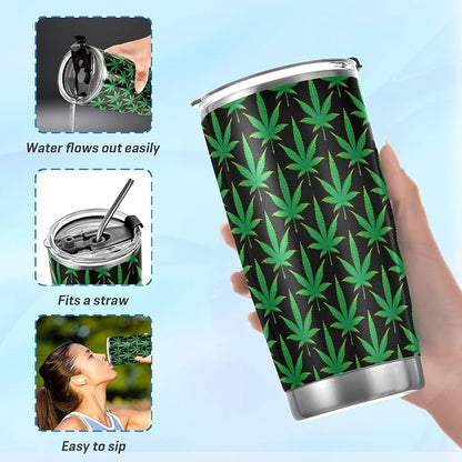 Tumbler Green Marijuana Leaves Insulated Coffee Cup Beverage Container Travel Mug with Straw and Lid Double Wall Stainless Steel 20oz Office, Back to School