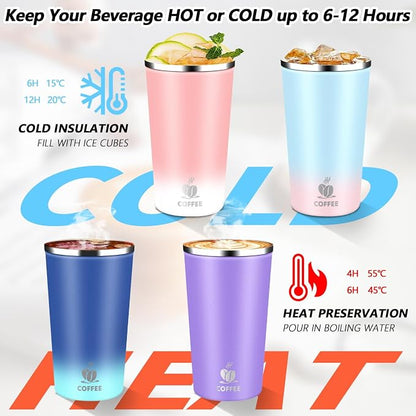 Insulated Travel Coffee Mug Reusable Coffee Tumbler Cup with Flip Lid Leak Proof Spill Proof for Office School Party Camping Hot and Cold Drink,Stainless Steel 17oz (Blue Pink)