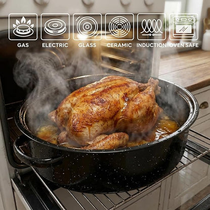 19” Turkey Roasting Pan Enamel Oval Granite Large Roaster Pan with Lid with 17in Inner Diameter Large Capacity Suitable for Thanksgiving Enamel Cook Ware Dishwasher Compatibility Oven Christmas Gift