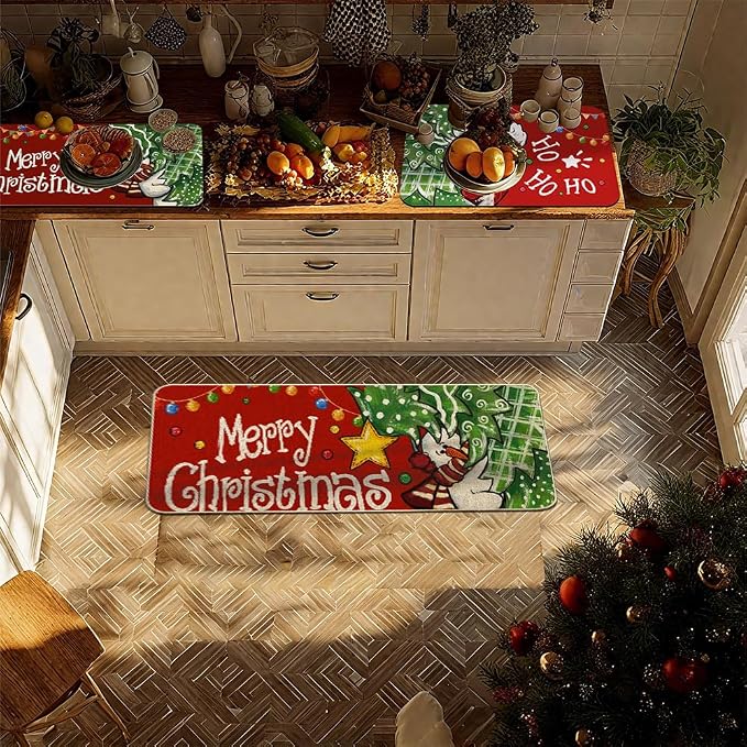 Baccessor Christmas Dish Drying Mat with 4PCS Coasters,2PCS Kitchen Bar Mat Coffee Mat Accessories Fits Under Coffee Maker and Pot,Santa Claus Snowman Bar Mat Detachable