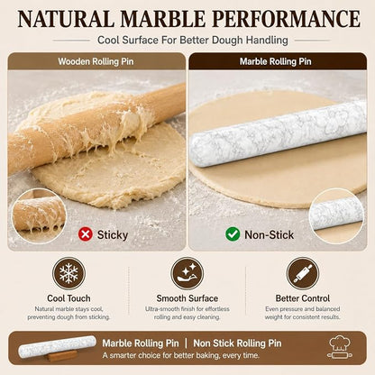 Marble French Rolling Pin for Baking, FiiMan 12 Inch Marble Rolling Pins with Wooden Stand, Heavy Stone French Polished Non-Stick Roller Pins For Baking Cookie Pizza Pastr (White)