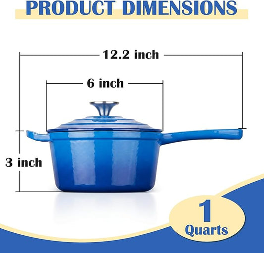 E-far Enameled Cast Iron Sauce Pan with Lid, 1 Quart Dutch Oven Saucepan, Mini Sauce Pot for Cooking, Boiling, Healthy & Non Toxic, Induction & Oven Safe, Deep Blue