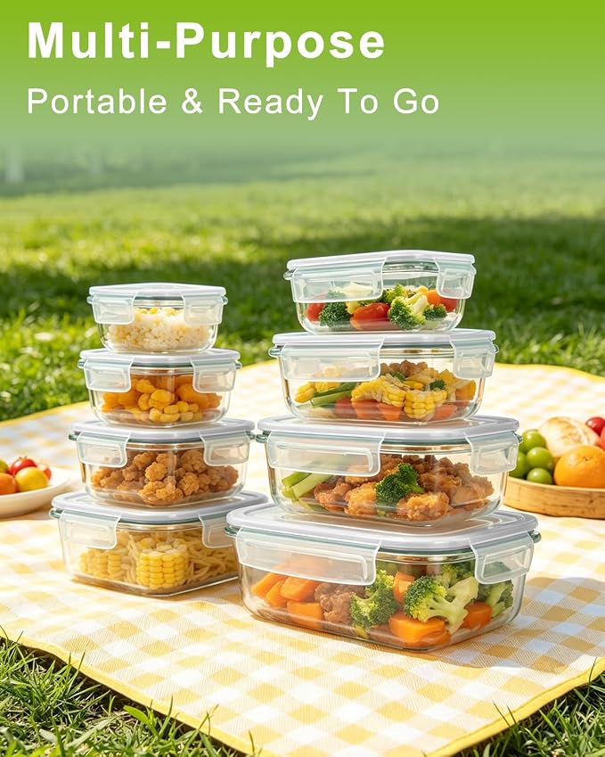 Glass Food Storage Containers with Airtight Lids, 12/8 Piece Set, Leak Proof Bento Boxes, Includes Measuring Spoons (8, GREY)