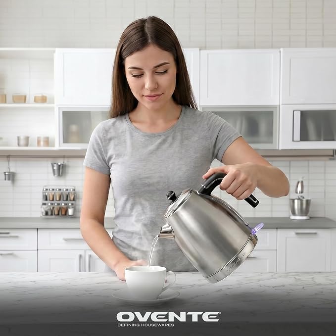 OVENTE 1.7L Electric Kettle, 1500W Fast Boiling Water Heater for Coffee or Tea with Stainless Steel BPA-Free and Cordless Body, Auto Shut-Off, Boil-Dry Protection and Removable Filter, Silver KS777S