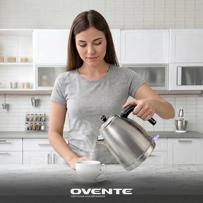 OVENTE 1.7L Electric Kettle, 1500W Fast Boiling Water Heater for Coffee or Tea with Stainless Steel BPA-Free and Cordless Body, Auto Shut-Off, Boil-Dry Protection and Removable Filter, Silver KS777S
