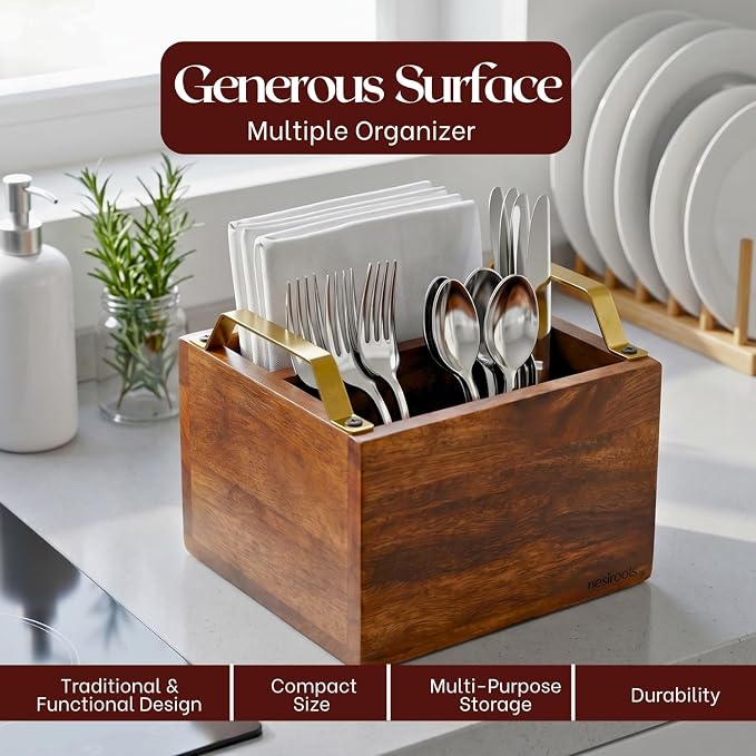 nestroots Silverware, Napkins & Spoon Holder, Teak Wood Utensil Caddy with Stainless Steel Handle, Organizer Countertop, Cutlery Holder for Party, Fork, Knife Organizer