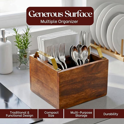nestroots Silverware, Napkins & Spoon Holder, Teak Wood Utensil Caddy with Stainless Steel Handle, Organizer Countertop, Cutlery Holder for Party, Fork, Knife Organizer