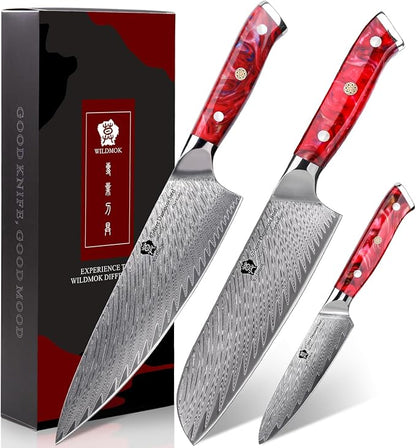 WILDMOK Damascus Kitchen Knife Sets 3 PCS, Razor Sharp Kitchen Knives Made of Japanese Damascus Steel, Well-Balanced Damascus Chef Knife set with Premium Resin Full Tang Handle Triple Rivet Gift Box