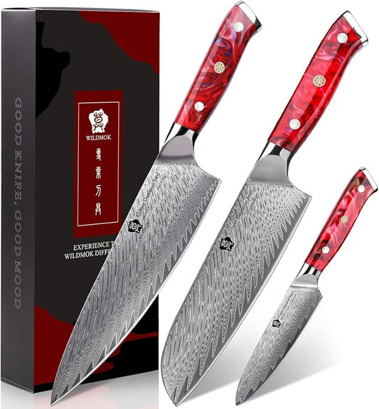 WILDMOK Damascus Kitchen Knife Sets 3 PCS, Razor Sharp Kitchen Knives Made of Japanese Damascus Steel, Well-Balanced Damascus Chef Knife set with Premium Resin Full Tang Handle Triple Rivet Gift Box
